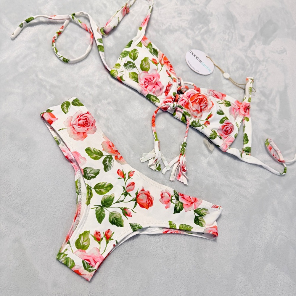 Montce Floral Bikini Set white with Green and Pink “Prima Rose” NWT